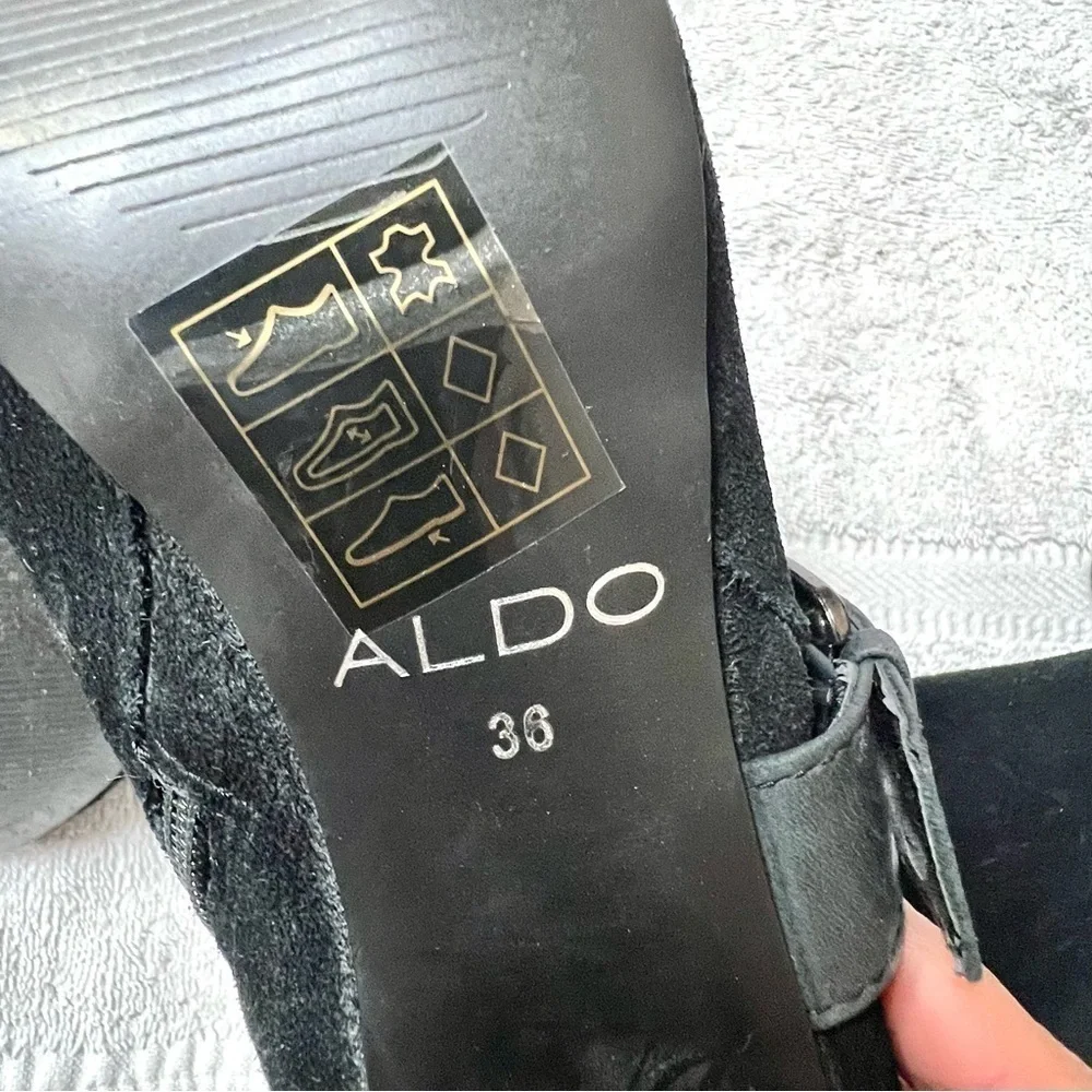 ALDO black suede knee strappy buckle heel boots women size 36